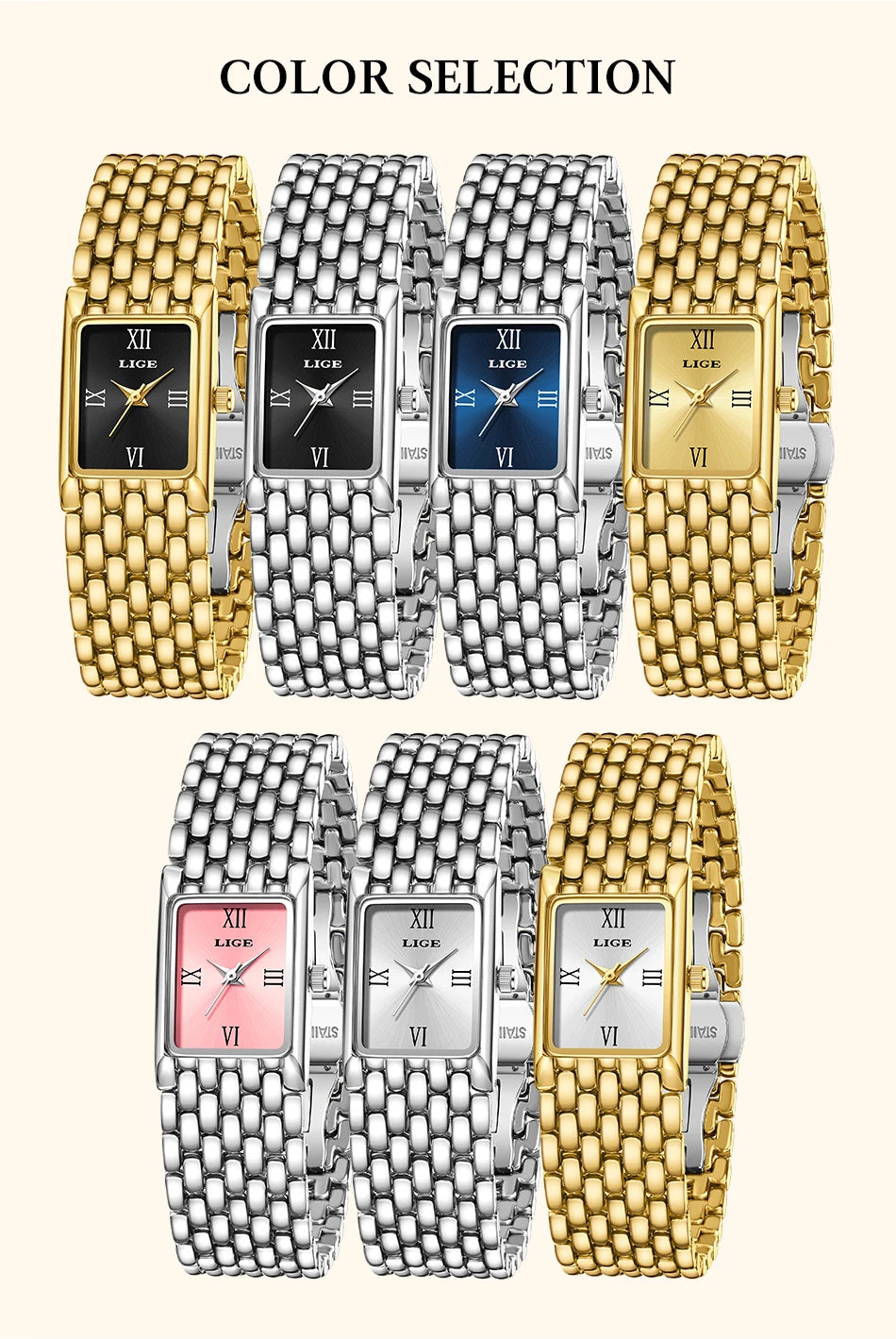 LIGE Women’s Retro Rectangle Watch – Light Luxury Stainless Steel Vintage Quartz Wristwatch with Gift Box