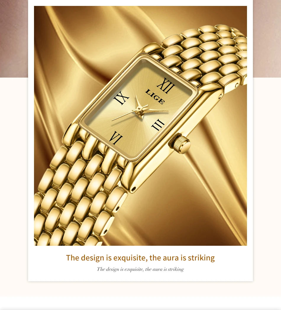 LIGE Women’s Retro Rectangle Watch – Light Luxury Stainless Steel Vintage Quartz Wristwatch with Gift Box