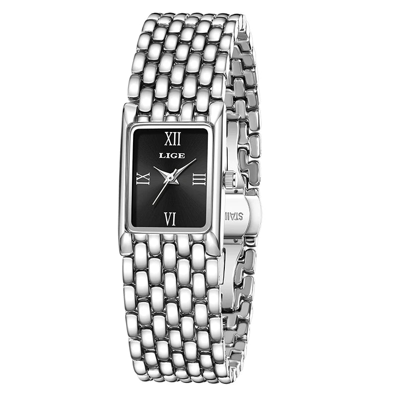 LIGE Women’s Retro Rectangle Watch – Light Luxury Stainless Steel Vintage Quartz Wristwatch with Gift Box