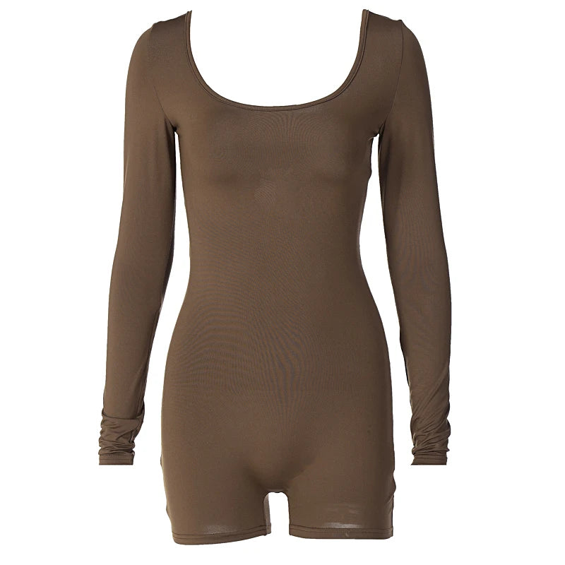 Women’s Long Sleeve Backless Playsuit – Solid Lace-Up Slim Romper
