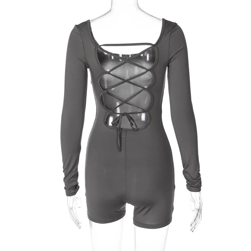 Women’s Long Sleeve Backless Playsuit – Solid Lace-Up Slim Romper