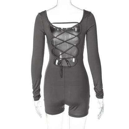 Women’s Long Sleeve Backless Playsuit – Solid Lace-Up Slim Romper