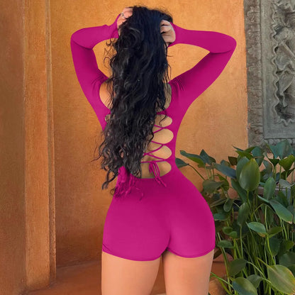 Women’s Long Sleeve Backless Playsuit – Solid Lace-Up Slim Romper