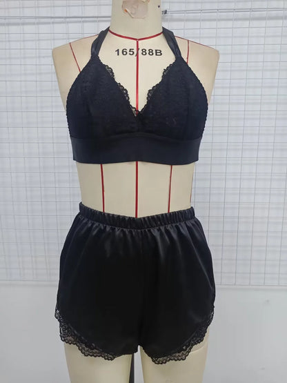 Women’s Floral Lace Sleepwear Set – Sexy Cami Top with Satin Shorts Lingerie