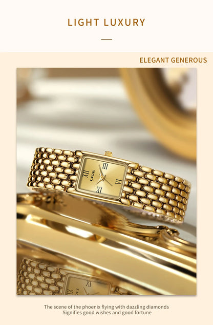 LIGE Women’s Retro Rectangle Watch – Light Luxury Stainless Steel Vintage Quartz Wristwatch with Gift Box