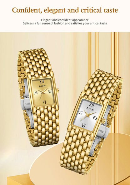 LIGE Women’s Retro Rectangle Watch – Light Luxury Stainless Steel Vintage Quartz Wristwatch with Gift Box