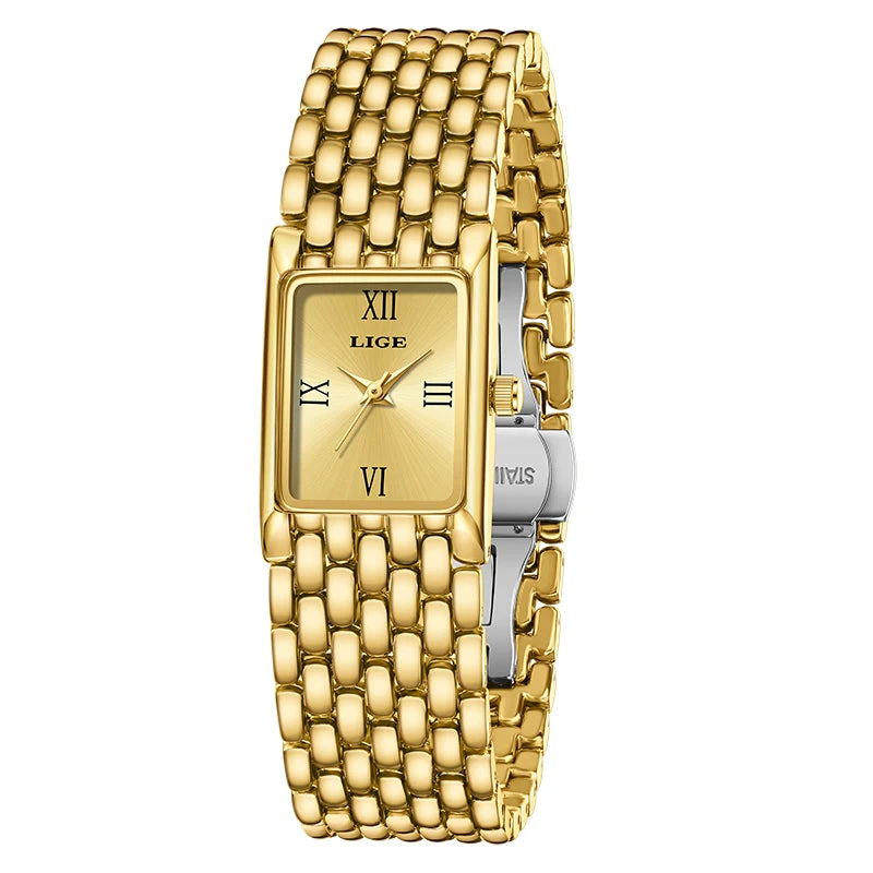 LIGE Women’s Retro Rectangle Watch – Light Luxury Stainless Steel Vintage Quartz Wristwatch with Gift Box