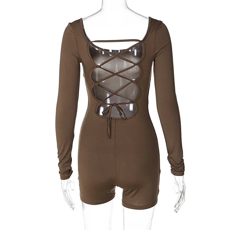 Women’s Long Sleeve Backless Playsuit – Solid Lace-Up Slim Romper