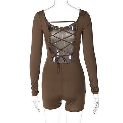 Women’s Long Sleeve Backless Playsuit – Solid Lace-Up Slim Romper