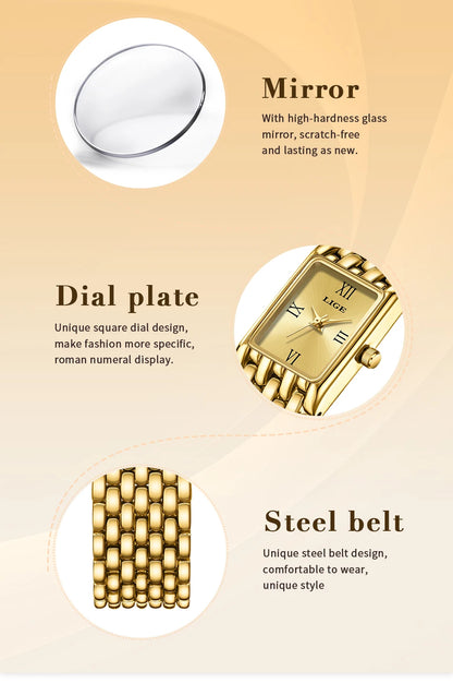 LIGE Women’s Retro Rectangle Watch – Light Luxury Stainless Steel Vintage Quartz Wristwatch with Gift Box