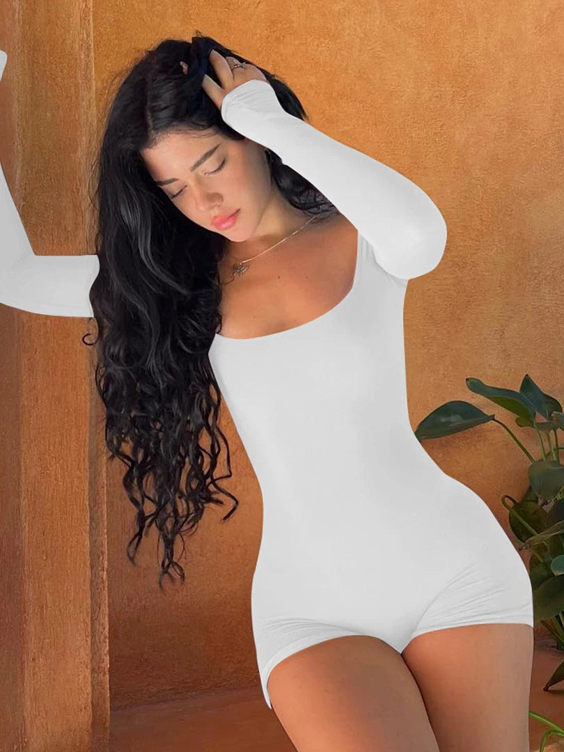 Women’s Long Sleeve Backless Playsuit – Solid Lace-Up Slim Romper