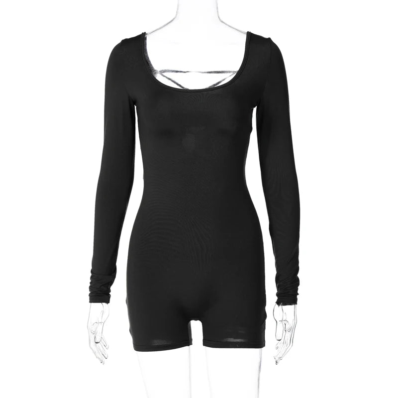 Women’s Long Sleeve Backless Playsuit – Solid Lace-Up Slim Romper