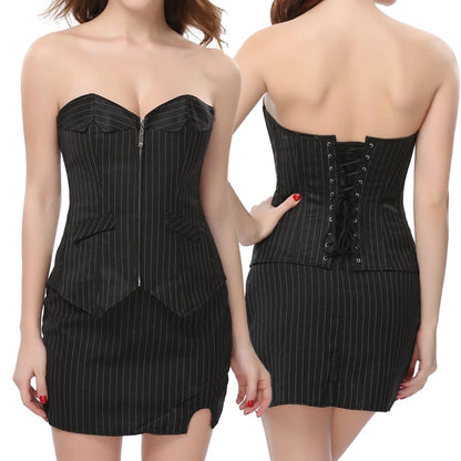 Sexy Women’s Black Striped Overbust Corset – Gothic Steampunk Bustier Top
