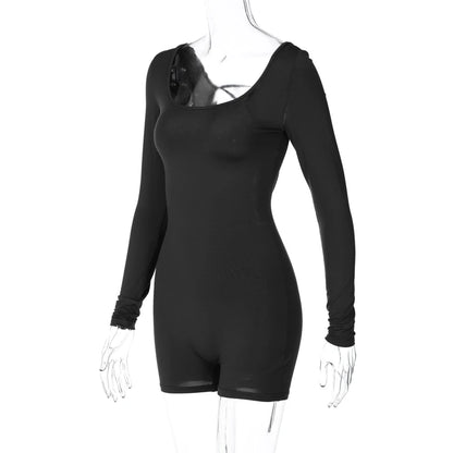 Women’s Long Sleeve Backless Playsuit – Solid Lace-Up Slim Romper