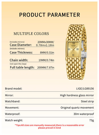 LIGE Women’s Retro Rectangle Watch – Light Luxury Stainless Steel Vintage Quartz Wristwatch with Gift Box