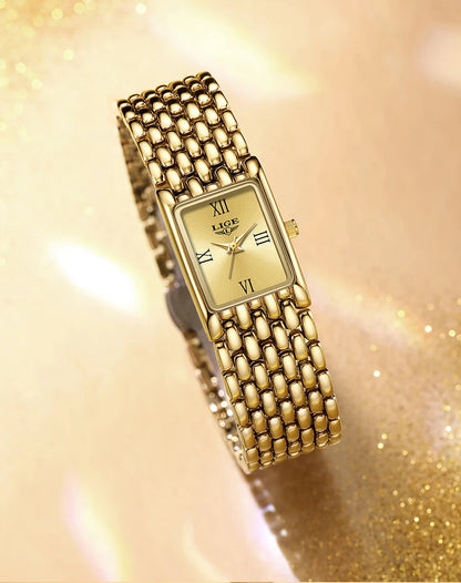 LIGE Women’s Retro Rectangle Watch – Light Luxury Stainless Steel Vintage Quartz Wristwatch with Gift Box