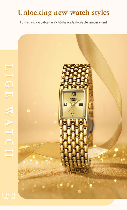 LIGE Women’s Retro Rectangle Watch – Light Luxury Stainless Steel Vintage Quartz Wristwatch with Gift Box