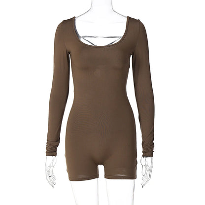 Women’s Long Sleeve Backless Playsuit – Solid Lace-Up Slim Romper