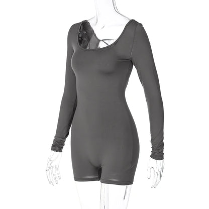 Women’s Long Sleeve Backless Playsuit – Solid Lace-Up Slim Romper