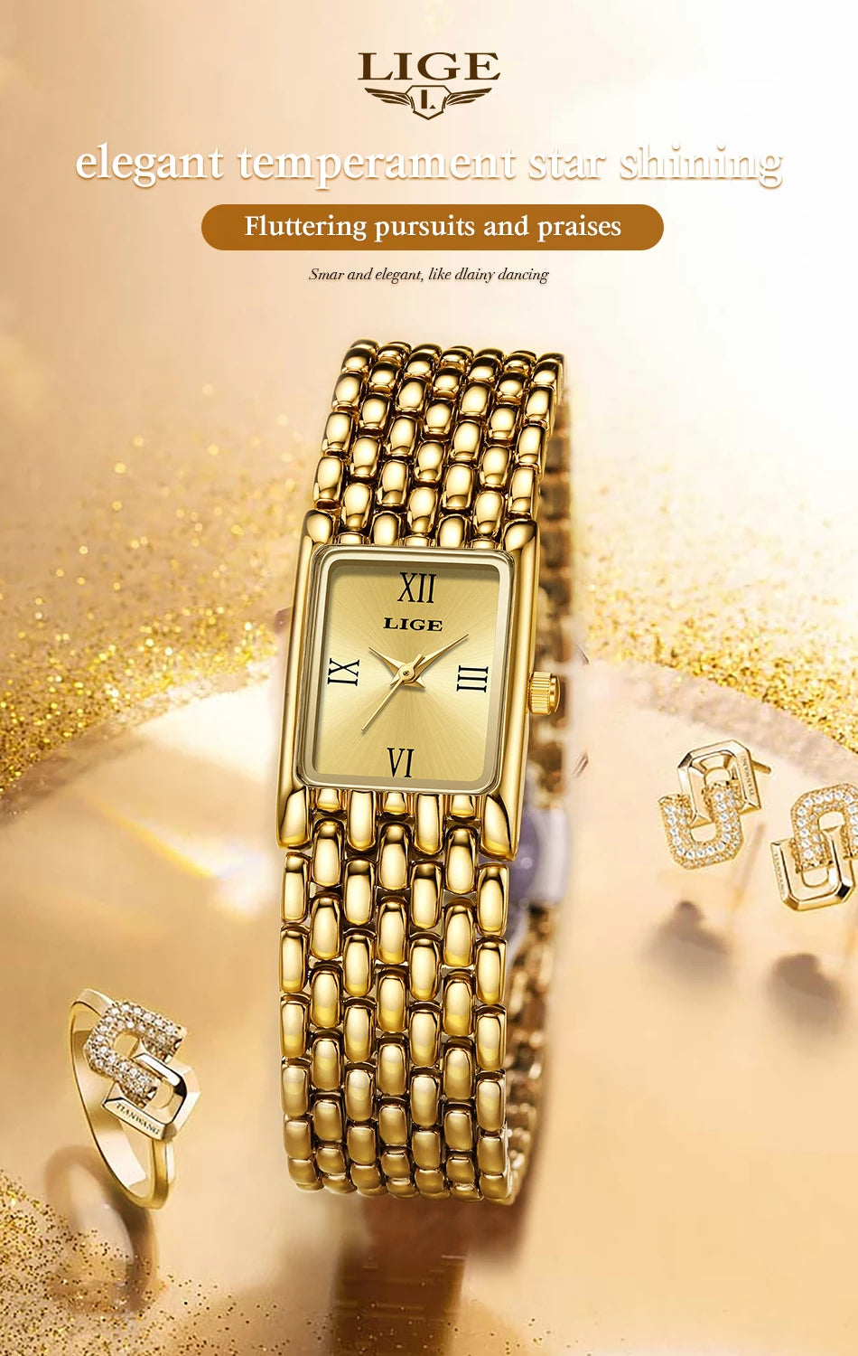 LIGE Women’s Retro Rectangle Watch – Light Luxury Stainless Steel Vintage Quartz Wristwatch with Gift Box