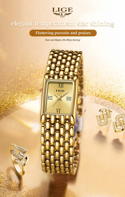 LIGE Women’s Retro Rectangle Watch – Light Luxury Stainless Steel Vintage Quartz Wristwatch with Gift Box