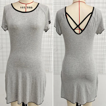 Women’s Round Neck Nightdress – Loose Colorblock Sleeve Pajama Dress Summer Sleepwear