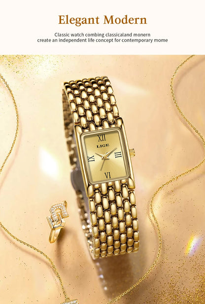 LIGE Women’s Retro Rectangle Watch – Light Luxury Stainless Steel Vintage Quartz Wristwatch with Gift Box
