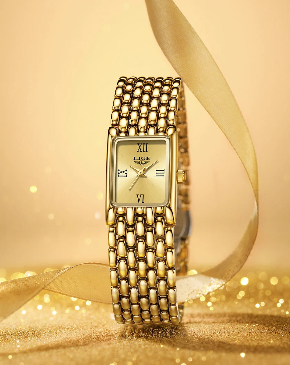 LIGE Women’s Retro Rectangle Watch – Light Luxury Stainless Steel Vintage Quartz Wristwatch with Gift Box