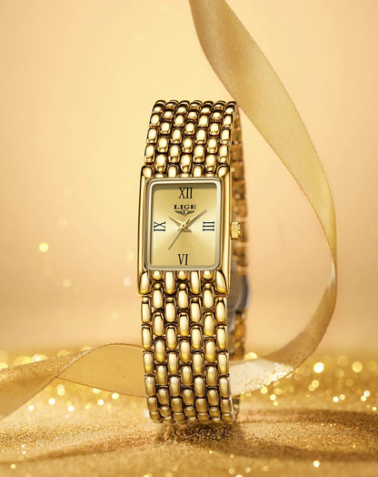 LIGE Women’s Retro Rectangle Watch – Light Luxury Stainless Steel Vintage Quartz Wristwatch with Gift Box