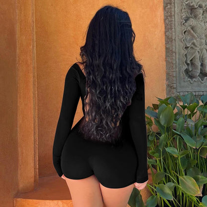 Women’s Long Sleeve Backless Playsuit – Solid Lace-Up Slim Romper