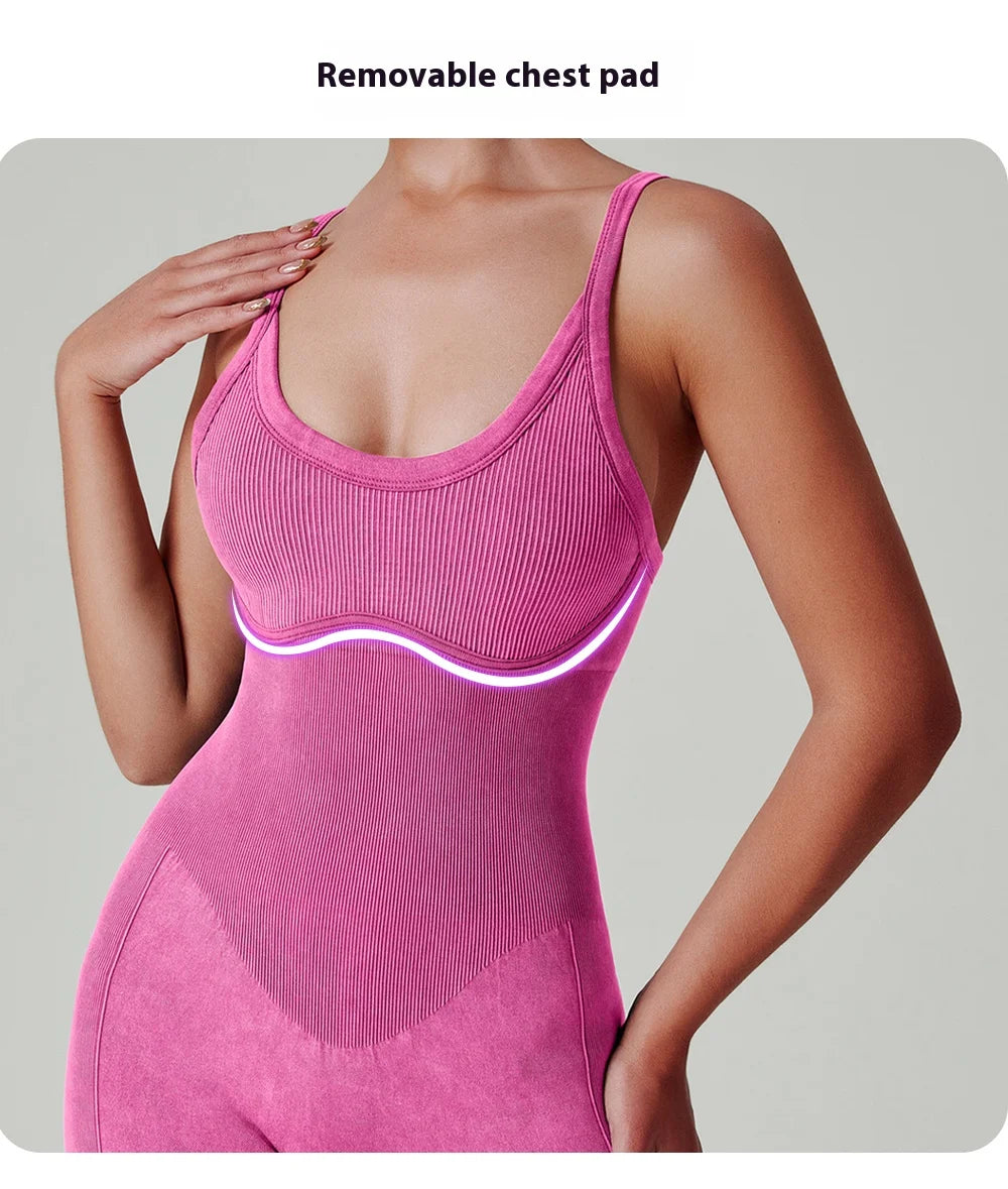 Women’s Washed Yoga Bodysuit – High Waisted Seamless Stretch One-Piece