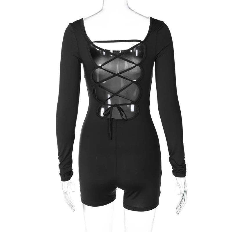 Women’s Long Sleeve Backless Playsuit – Solid Lace-Up Slim Romper