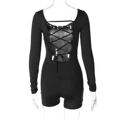 Women’s Long Sleeve Backless Playsuit – Solid Lace-Up Slim Romper