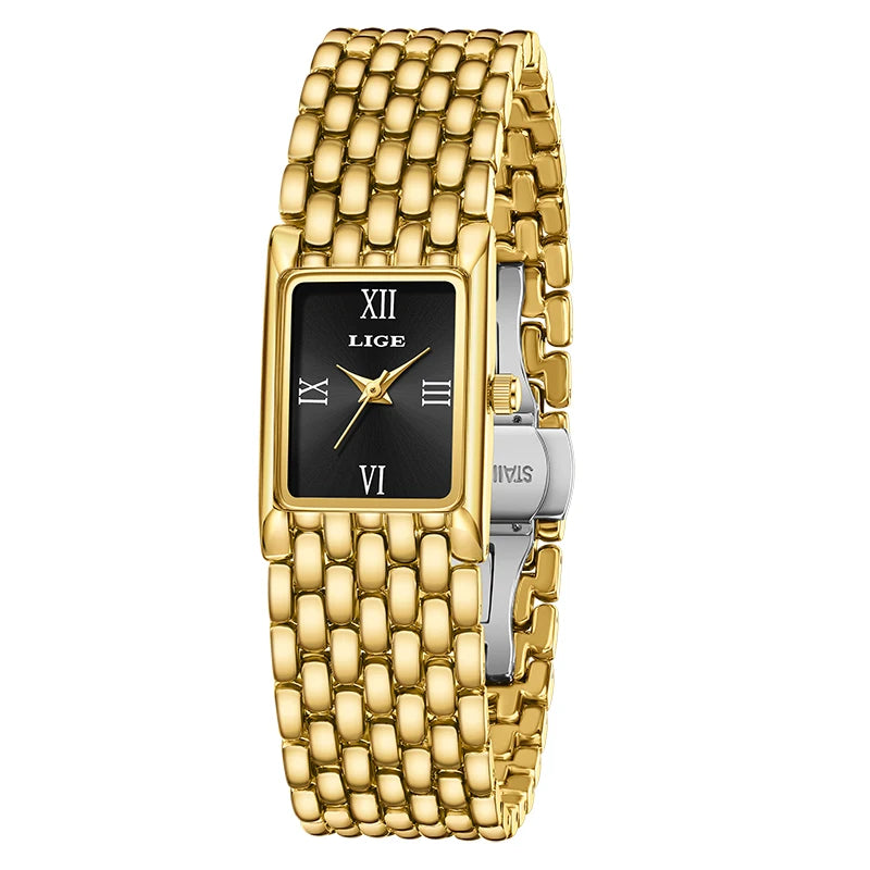LIGE Women’s Retro Rectangle Watch – Light Luxury Stainless Steel Vintage Quartz Wristwatch with Gift Box