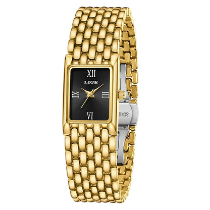 LIGE Women’s Retro Rectangle Watch – Light Luxury Stainless Steel Vintage Quartz Wristwatch with Gift Box