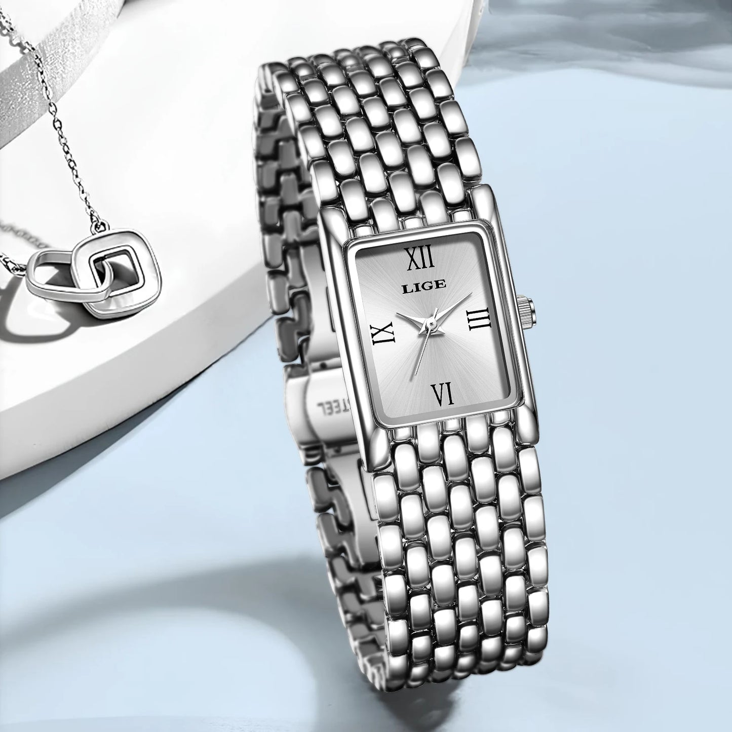 LIGE Women’s Retro Rectangle Watch – Light Luxury Stainless Steel Vintage Quartz Wristwatch with Gift Box