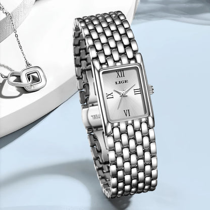 LIGE Women’s Retro Rectangle Watch – Light Luxury Stainless Steel Vintage Quartz Wristwatch with Gift Box
