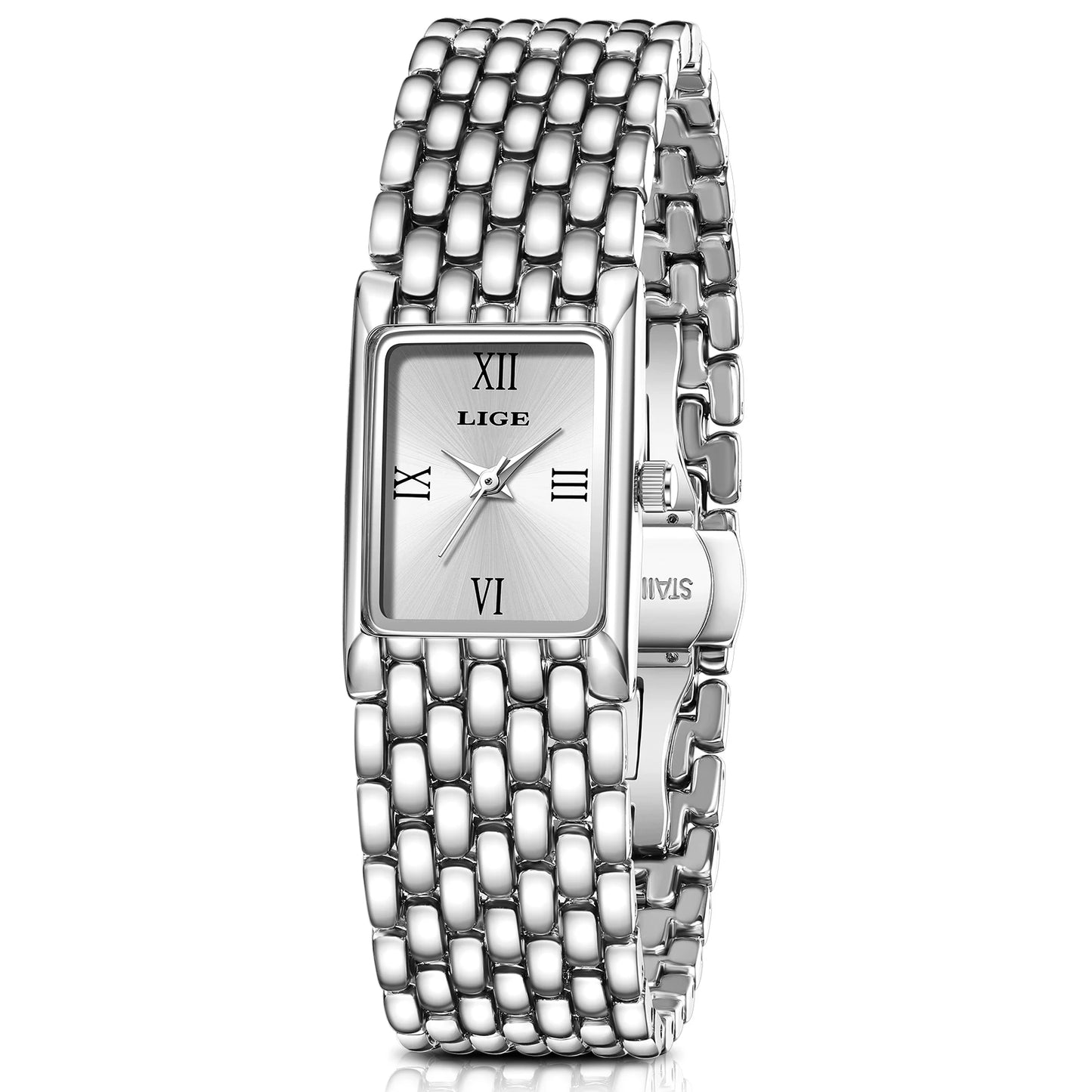 LIGE Women’s Retro Rectangle Watch – Light Luxury Stainless Steel Vintage Quartz Wristwatch with Gift Box