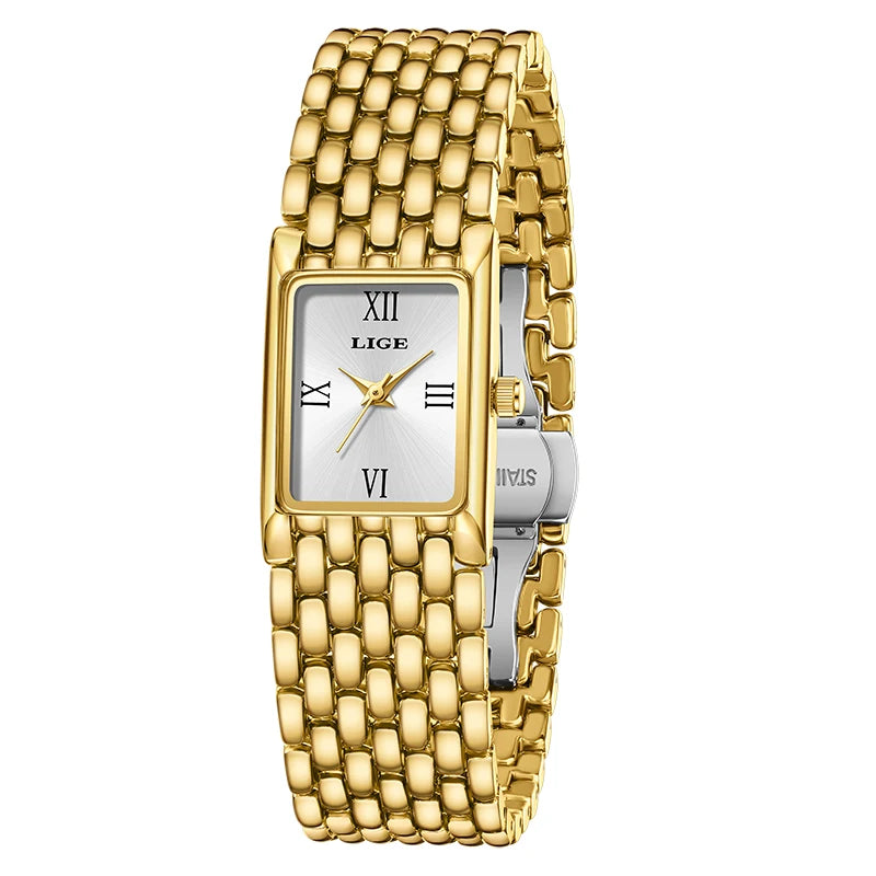 LIGE Women’s Retro Rectangle Watch – Light Luxury Stainless Steel Vintage Quartz Wristwatch with Gift Box