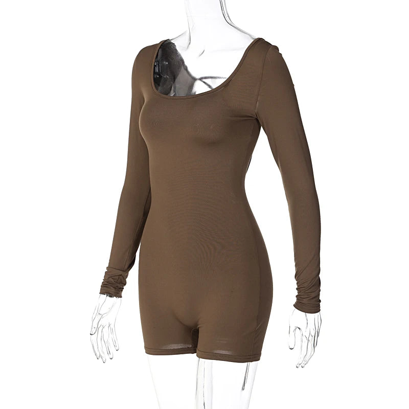Women’s Long Sleeve Backless Playsuit – Solid Lace-Up Slim Romper