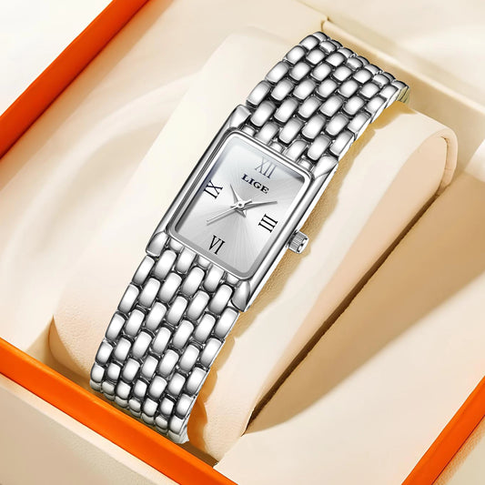 LIGE Women’s Retro Rectangle Watch – Light Luxury Stainless Steel Vintage Quartz Wristwatch with Gift Box