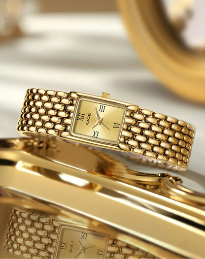 LIGE Women’s Retro Rectangle Watch – Light Luxury Stainless Steel Vintage Quartz Wristwatch with Gift Box