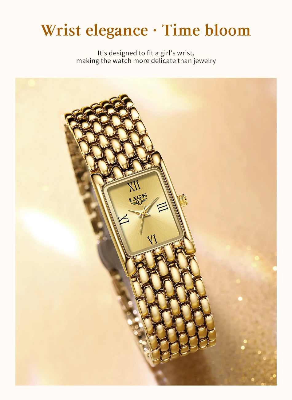 LIGE Women’s Retro Rectangle Watch – Light Luxury Stainless Steel Vintage Quartz Wristwatch with Gift Box