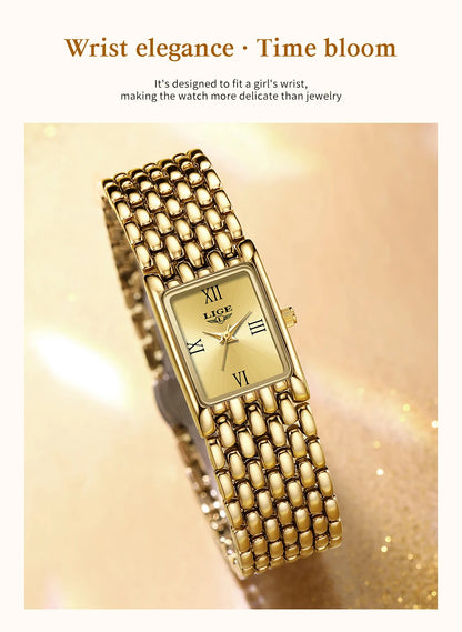 LIGE Women’s Retro Rectangle Watch – Light Luxury Stainless Steel Vintage Quartz Wristwatch with Gift Box