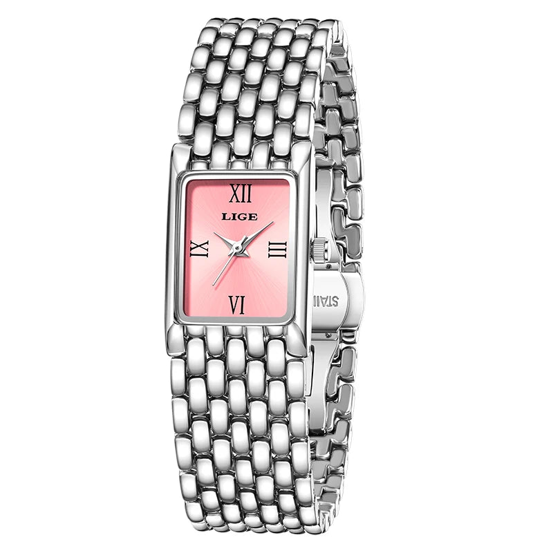 LIGE Women’s Retro Rectangle Watch – Light Luxury Stainless Steel Vintage Quartz Wristwatch with Gift Box