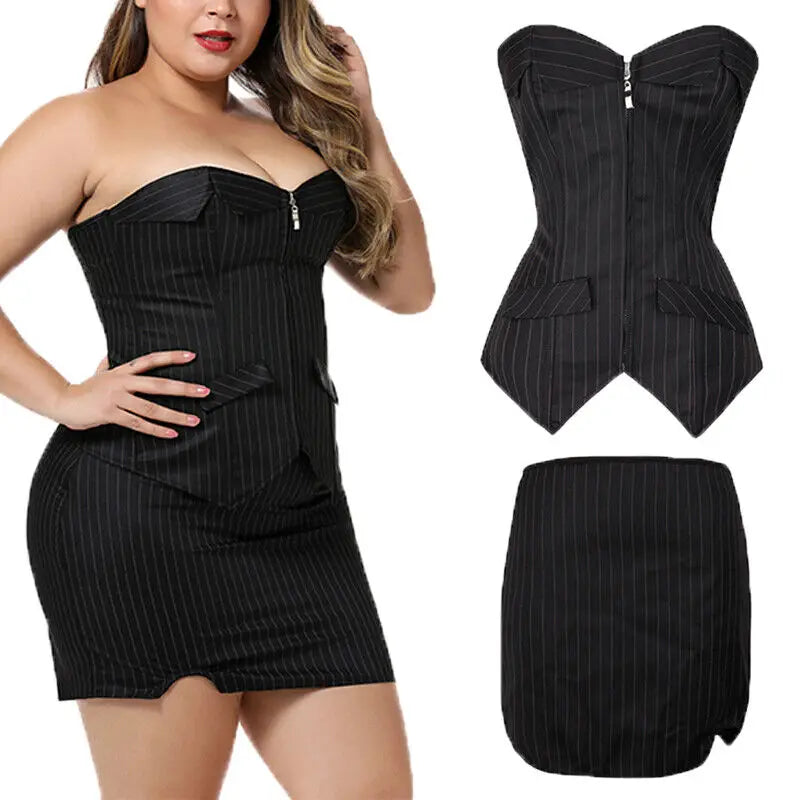 Sexy Women’s Black Striped Overbust Corset – Gothic Steampunk Bustier Top