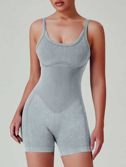 Women’s Washed Yoga Bodysuit – High Waisted Seamless Stretch One-Piece
